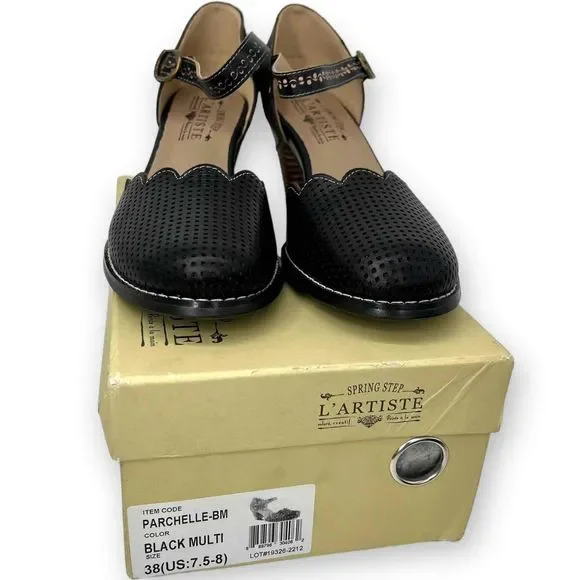 L’Artiste Spring Step Parchelle Black Perforated Mary Jane Heels Size 7.5-8 NEW - Picture 2 of 8